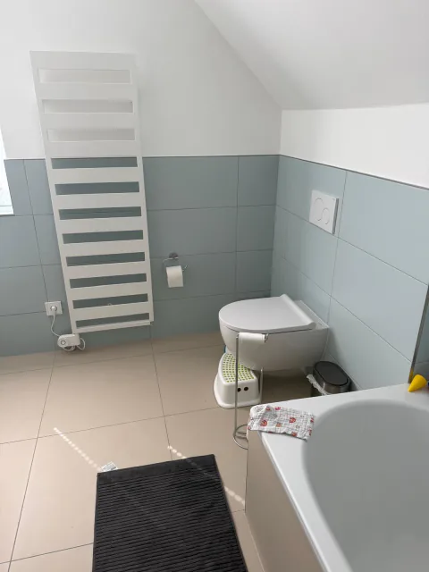 Fertiggestelltes Bad mit Wand-WC, Handtuchheizkörper und Badewanne