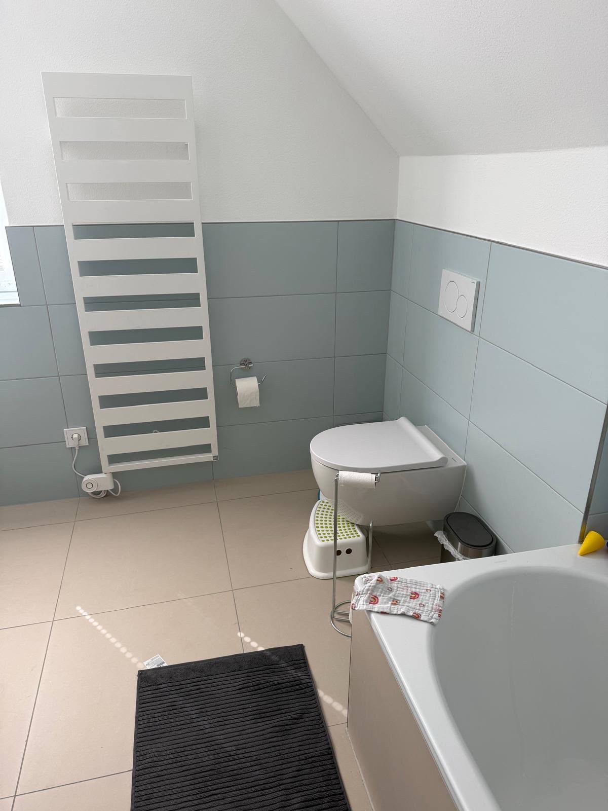 Fertiggestellter Badbereich mit Badewanne, WC und Handtuchheizkörper